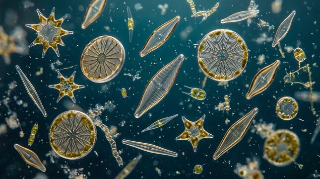 A highly magnified microscopic observation of various colorful diatoms and single celled algae living in a dark water habitat