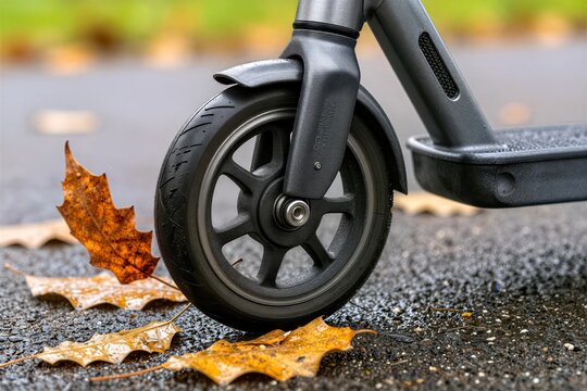 Captures Close View Of Modern Electric Scooters Front Wheel To In Motion As Suggested By Slight Blur Tire Surrounding Environment