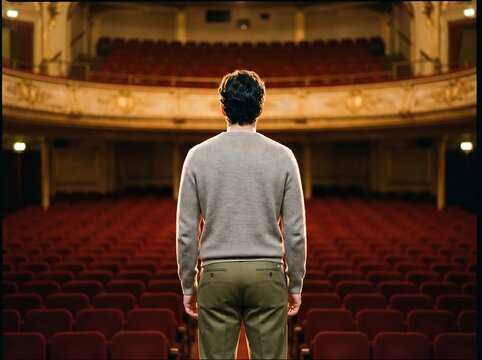Man seen from behind facing empty theatre seats in historic venue with auditorium performance architecture interior building dramatic production solitude