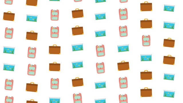 Seamless pattern of briefcases, backpacks, and fish tanks