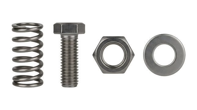 Metal hardware components including steel spring, hex bolt, threaded nut, and flat washer on transparent background