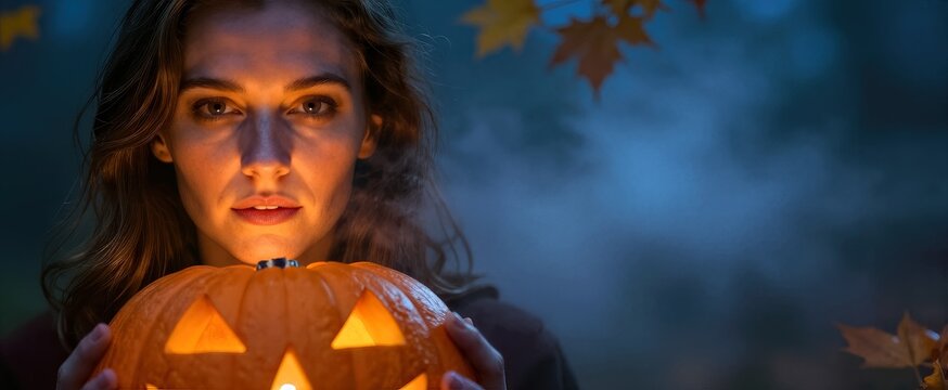 Captures Young Woman In Foreground Holding Carved Pumpkin With Lit Candle Inside Creating Glowing Effect Hair Auburn To Late Teens