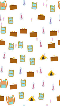 Travel and camping pattern with backpacks, briefcases