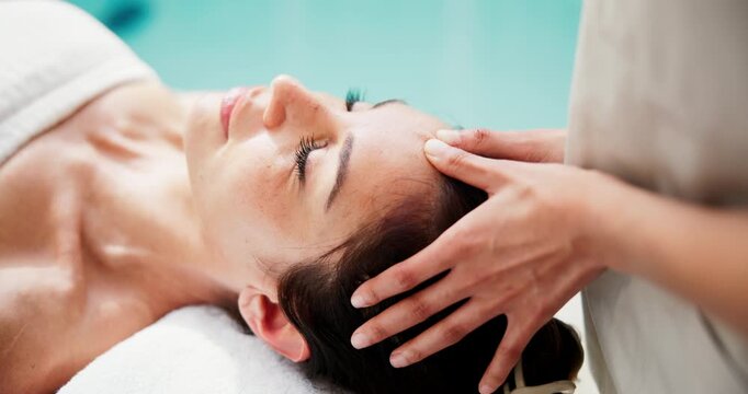 Spa, hands and head massage for woman on holiday, zen and stress relief on bed and hospitality. Resort, luxury and mature person with masseuse, sleeping and pamper on vacation or holistic wellness