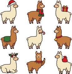 Fototapeta premium Set of cute cartoon llamas for christmas, featuring festive accessories like santa hats, red scarves, candy canes, bells, and gift boxes