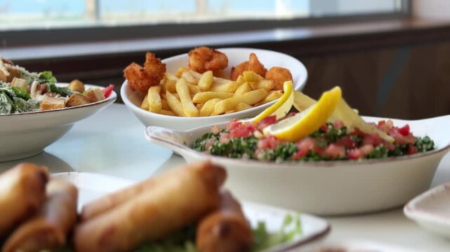 mixed appetizers on a white restaurant table by a window during daylight. The meal features fresh salads, french fries, and crispy spring rolls.