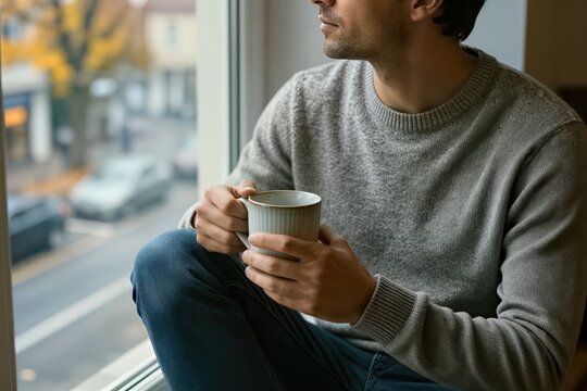 Depicts Middle Aged Man In Late Early Seated By Window Lost Thought Ethnicity Distinctly To Of Caucasian Descent Dressed Casual