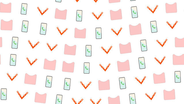 Phone icons, pink shapes, and orange check marks pattern