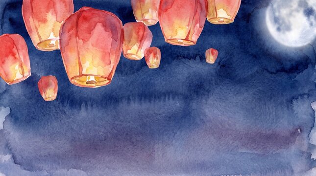 cultural festival decor, watercolor depiction of floating red and gold lanterns against a deep blue sky, with a glowing full moon