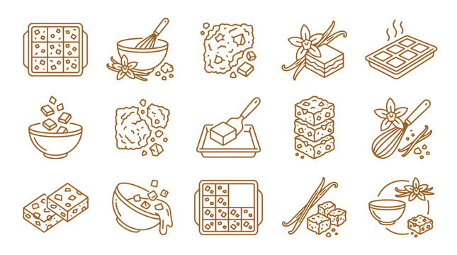 Collection of stylized line art icons representing sugar cubes, vanilla beans, and whisking ingredients for baking and sweets.