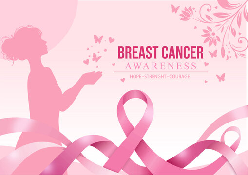 Breast Cancer Awareness Month vector illustration banner with pink ribbon, female silhouette, butterflies and floral elements