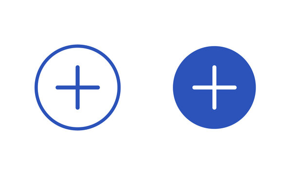 Plus sign icon set vector illustration with outline and solid blue filled circle variations, for add, create, new item symbol concept