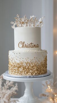 Elegant white and gold two-tier cake with floral topper. National Christina Day