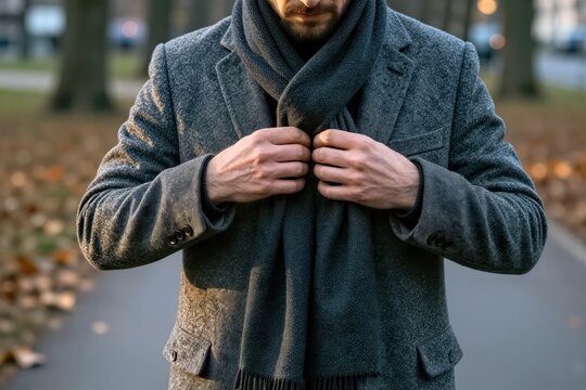 Captures Close Of Person From Chest Focusing On Upper Body Hands Individual Adjusting Dark Gray Textured Scarf Around Neck Fringed Hem