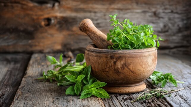 Rustic wooden mortar and pestle with fresh herbs on weathered wood surface