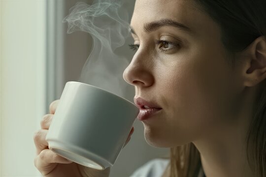 Captures Close Of Person Holding White Ceramic Mug To Mouth As Take Sip Emitting Gentle Stream Steam Indicating Contents Hot Persons