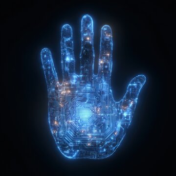 Cyber hand interface digital circuit glowing.