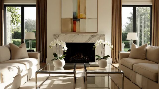 The Image Shows A Modern Living Room With A Large Window On The Left Side