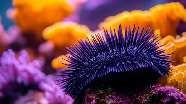 selective focus purple sea urchin with sharp spines underwater