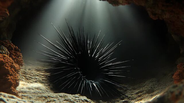 selective focus purple sea urchin with radiating spines in coral crevice