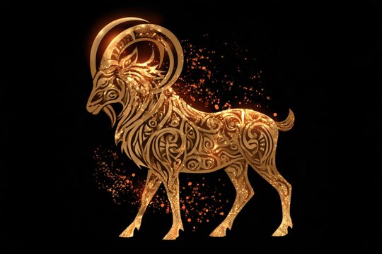 Ornate gold fire-goat amulet with traditional patterns on black
