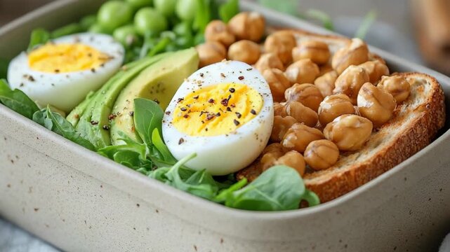 selective focus healthy lunch box with avocado toast and boiled egg
