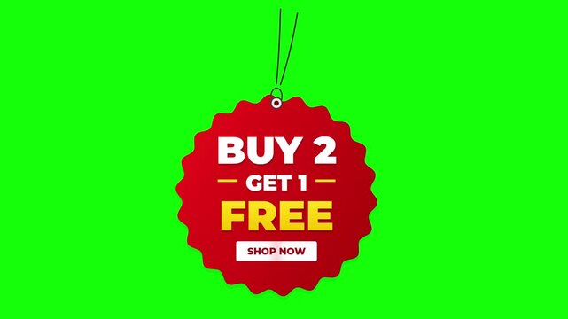Red Discount Tag Label Animation with Buy Two Get One Free Promotion on Green Screen