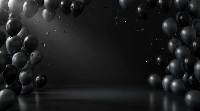 Black balloons and confetti on dark studio background for celebration sale