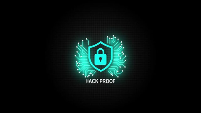 Hack proof cyber security shield with glowing digital circuitry animation protection digital shield data privacy