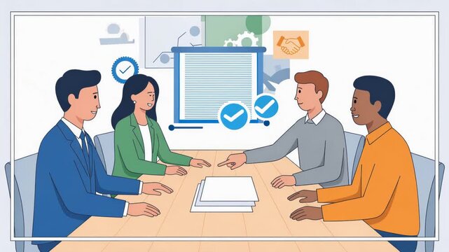 Flat vector illustration depicting a business professional meeting, with a consultant guiding a client through discussions, emphasizing communication, strategic planning, and collaboration, 4K video