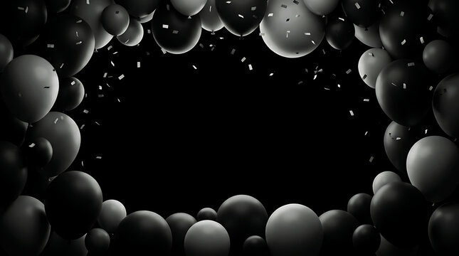 Black and white balloons border frame celebration background with confetti