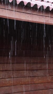 Rain falls in gentle rhythm from the eaves of wooden cottage, weaving serenity into the heart of countryside