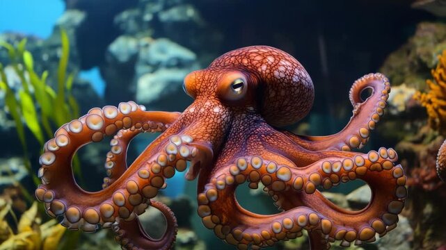selective focus octopus moving along aquarium glass