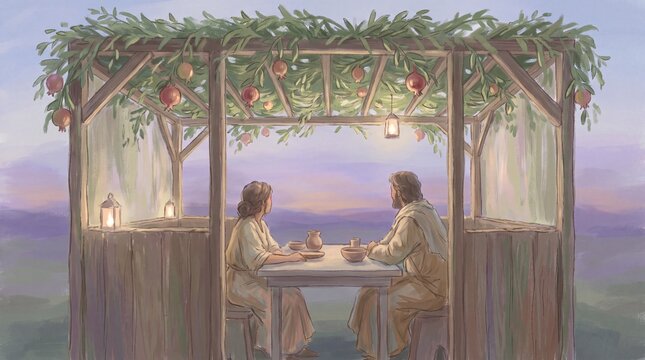seasonal traditions, a tranquil sukkah adorned with pomegranates glows softly at dusk