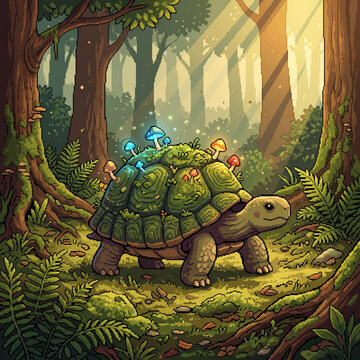 a gentle land tortoise with a patterned mossy shell, carrying tiny glowing mushrooms on its back, strolling peacefully through a sunlit fern-covered forest floor