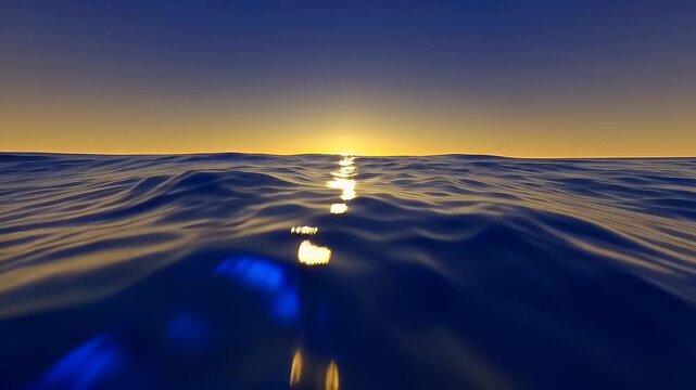 Golden Sun Rises on the Horizon of a Deep Blue Ocean with Gentle Rolling Waves Viewed Close to the Water