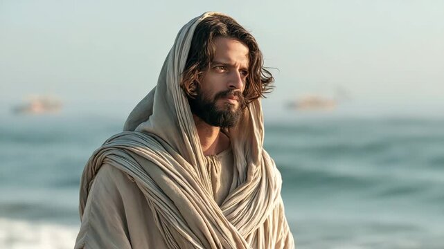 Risen Jesus Walking Along Shoreline in Morning Mist Peaceful