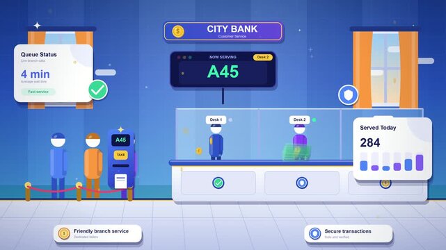 animation Modern flat vector illustration of a bank interior with people waiting and queue management