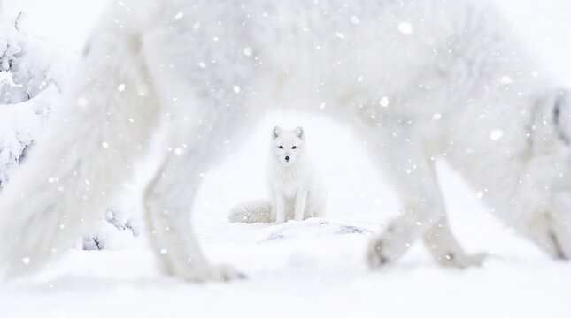 Wildlife photograph capturing an Arctic fox sitting in the snowy background perfectly framed between the legs of a white wolf walking through a heavy snowfall.