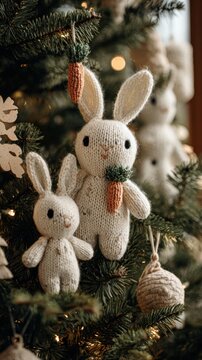 Handcrafted knitted bunnies on christmas tree with carrots and ornaments