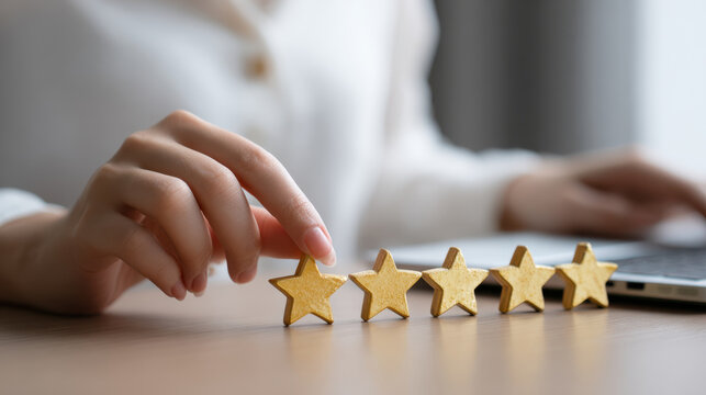 Female hand arranging five gold stars on table near laptop for review concept