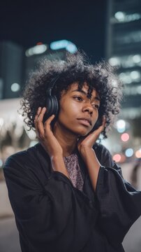 Young african female with headphones at night in urban setting