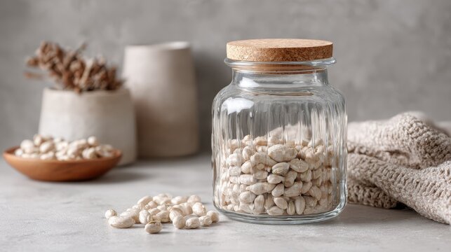 Rustic kitchen decor with jar of white beans and neutral textures