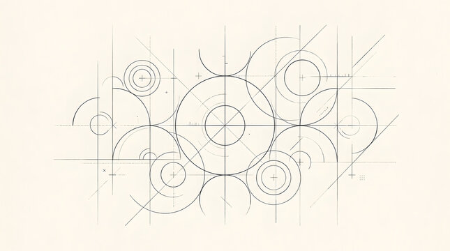 Geometric line art blueprint featuring technical drafting circles, intersecting linear markings, precision engineering grid, architectural scheme, minimalist circular proportions