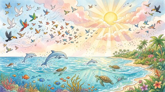 Fifth Day of Creation Leaping Dolphins and Flocks of Birds Children Picture Book Watercolor Illustration