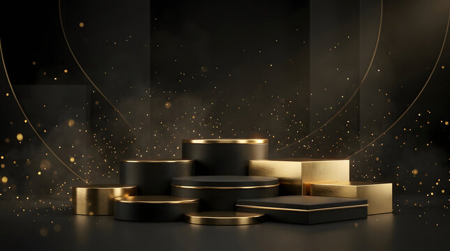 Black gold podium showcase featuring geometric cylinder pedestals and rectangular tiers for premium cosmetic product presentation, illuminated by sparkling golden dust particles, friday sale