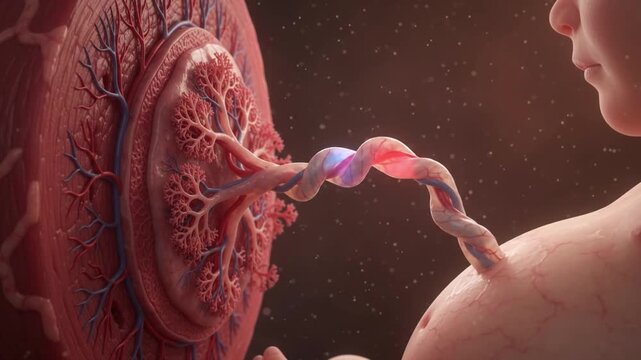 Fetal development baby in womb connected by umbilical cord to placenta with detailed blood vessels and skin texture close up medical illustration prenatal growth showing vessel and soft skin
