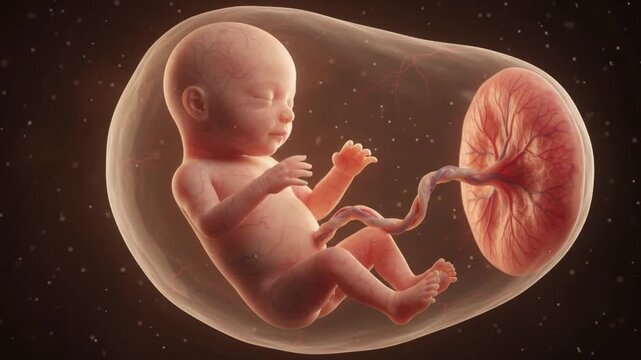 Fetal development baby in womb connected to placenta by umbilical cord detailed veins soft skin amniotic sac embryo peaceful prenatal environment early growth stages