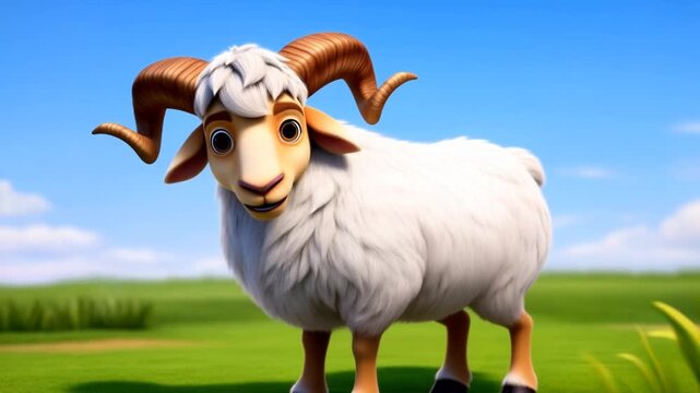 Tracking shot of cartoon ram turning head toward camera while standing on grassy meadow under bright blue sky