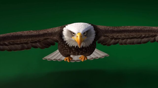 Tracking shot of bald eagle flying toward camera over green background with outstretched wings in studio midair
